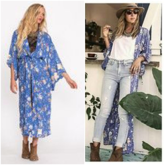 Rare Spell Designs Blue Sundancer Maxi Kimono Duster OS floral embroidered robe - Picture 7 of 17
